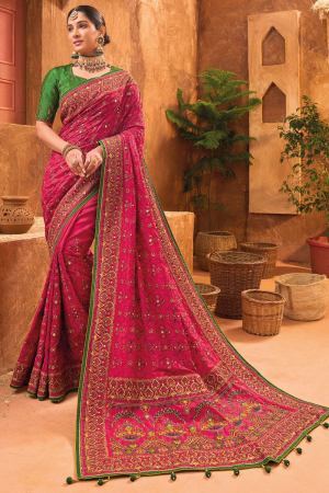 Rani Pink Pure Kutchi Handwork Banarasi Silk Saree