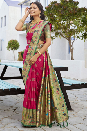 Rani Pink Pure Paithani Silk Weaving Saree
