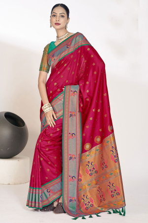 Rani Pink Pure Paithani Silk Woven Saree
