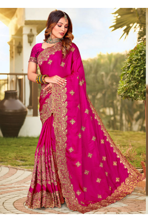 Rani Pink Pure Satin Embroidered Saree