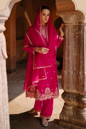 Rani Pink Real Georgette Designer Trouser Kameez Suit