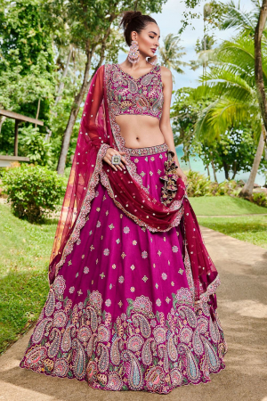 Rani Pink Satin Embroidered Bridal Lehenga Set