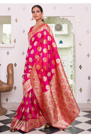 Rani Pink Satin Handloom Weaving Saree