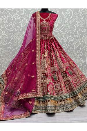 Rani Pink Velvet Embroidered Bridal Lehenga Choli