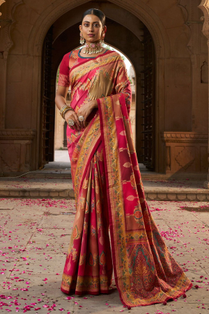 Rani Pink Velvet Tussar Silk Woven Saree
