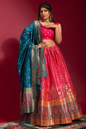 Rani Pink Woven Banarasi Silk Lehenga Choli
