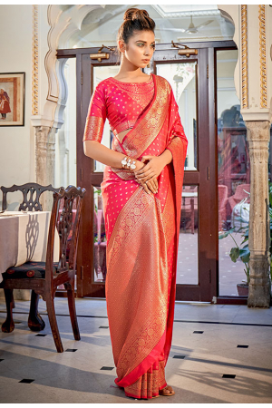 Rani Pink Woven Banarasi Silk Saree