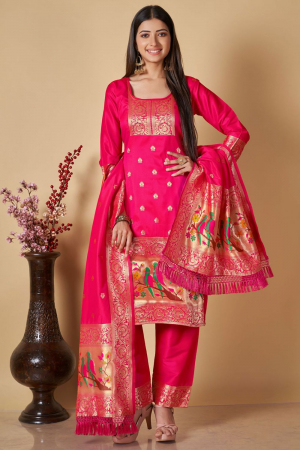 Rani Pink Woven Banarasi Silk Trouser Kameez