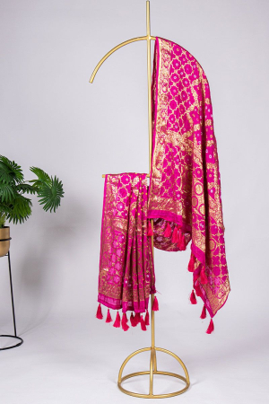 Rani Pink Woven Bandhej Silk Dupatta