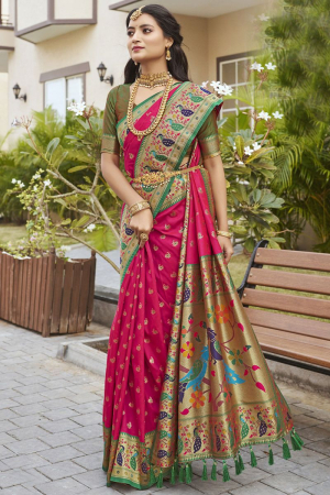 Rani Pink Woven Paithani Silk Saree