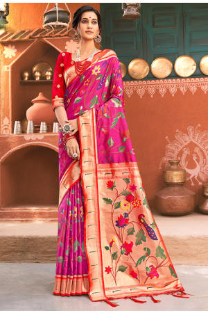 Rani Pink Woven Paithani Silk Saree