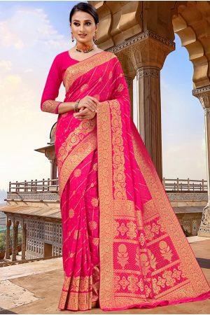 Rani Pink Woven Silk Bandhani Saree