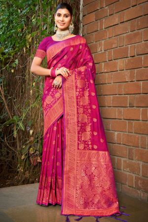 Rani Pink Woven Silk Saree for Wedding