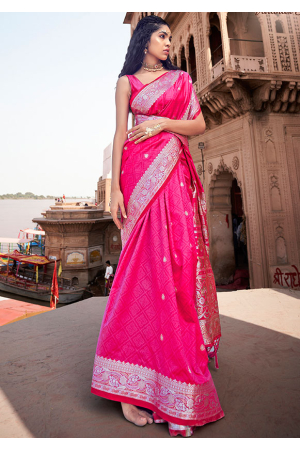 Rani Pink Zari Weaving Pure Satin Silk Saree