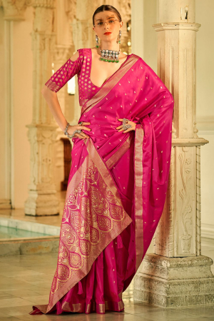Rani Pink Zari Weaving Satin Silk Saree