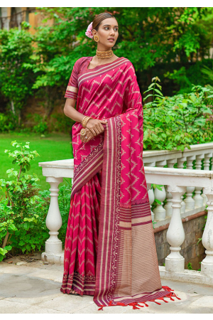 Rani Pink Zari Woven Handloom Raw Silk Saree
