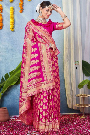 Rani Pink Zari Woven Silk Saree for Wedding
