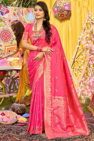Rani Pink Zari Woven Silk Saree for Wedding