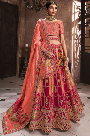 Raspberry Pink and Peach Embroidered Banarasi Silk Designer Bridal Lehenga Set