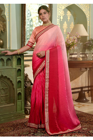 Raspberry Pink and Rose Pink Embellished Chinnon Saree