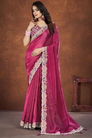 Raspberry Pink Banarasi Crush Silk Saree with Readymade Blouse