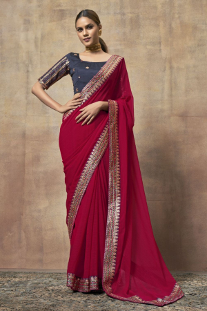 Raspberry Pink Chiffon Saree with Embroidered Blouse
