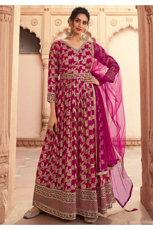 Raspberry Pink Dola Jacquard Silk Anarkali Suit