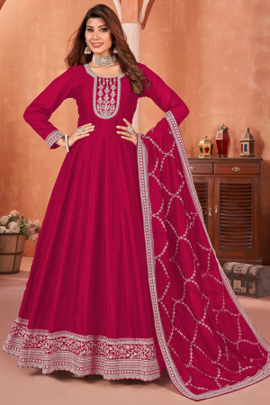 Raspberry Pink Embroidered Art Silk Anarkali Dress