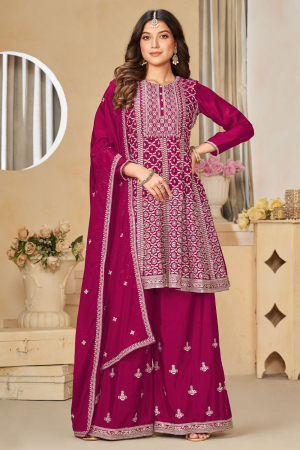 Raspberry Pink Embroidered Chinnon Palazzo Kameez for Ceremonial
