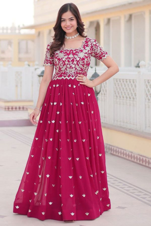 Raspberry Pink Embroidered Faux Georgette Gown
