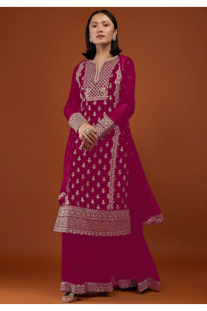 Raspberry Pink Embroidered Faux Georgette Palazzo Kameez