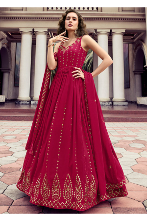 Raspberry Pink Embroidered Georgette Gown with Dupatta