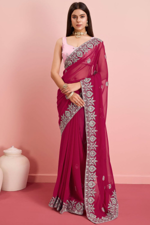 Raspberry Pink Embroidered Georgette Saree for Party