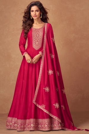 Raspberry Pink Embroidered Silk Anarkali Gown with Dupatta