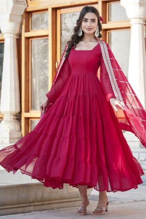 Raspberry Pink Faux Georgette Anarkali Gown with Dupatta