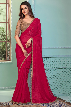 Raspberry Pink Georgette Saree with Embroidered Blouse
