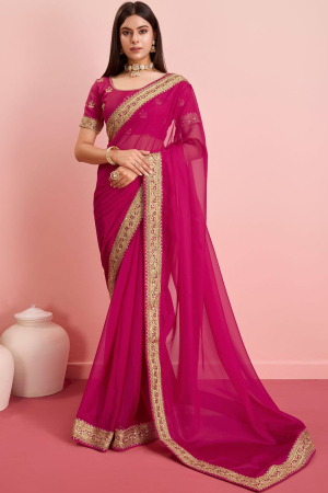Raspberry Pink Organza Saree with Embroidered Blouse
