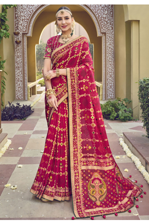 Raspberry Pink Pure Georgette Viscose Saree with Double Blouse