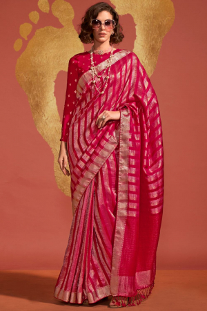 Raspberry Pink Pure Viscose Handloom Weaving Saree