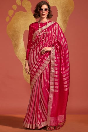 Raspberry Pink Pure Viscose Handloom Weaving Saree