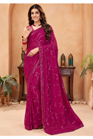 Raspberry Pink Sequined Faux Georgette Saree