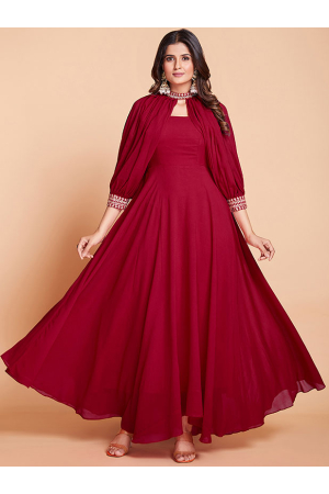 Raspberry Red Embroidered Faux Georgette Gown