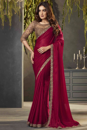 Raspberry Red Satin Saree with Embroidered Blouse