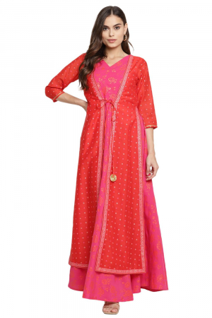 Red and Dark Pink Crepe Khari Print Dress