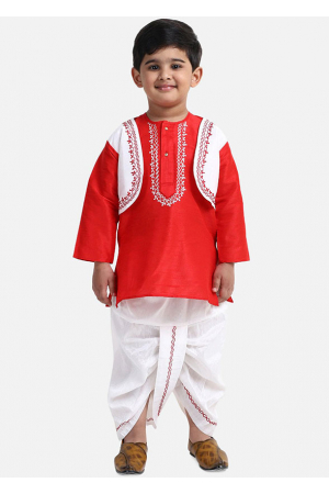 Red and White Dupion Silk Dhoti Kurta Set