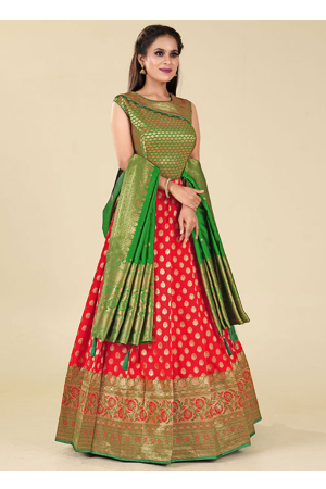 Red Art Silk Gown with Dupatta