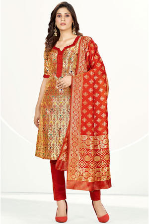 Red Banarasi Silk Zari Woven Suit 