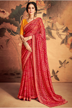 Red Bandhani Printed Saree