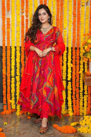 Red Chiffon Printed Anarkali Suit
