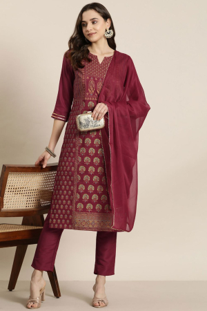 Red Chinon Straight Foil Printed Kurta with Pant and Dupatta Set
